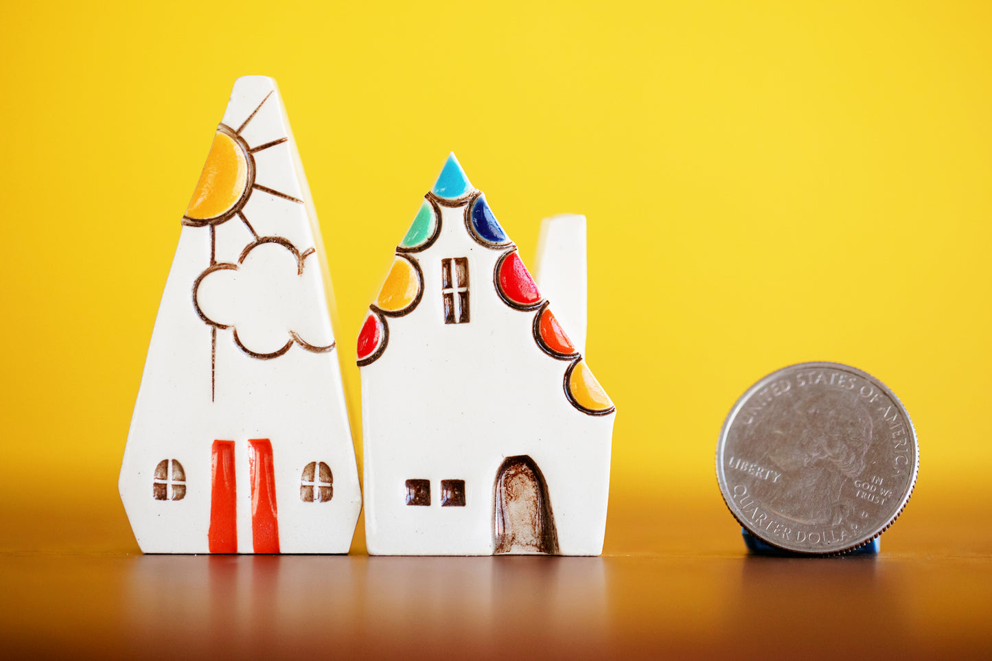 Rainbow Ceramic Village with Sunshine and Orange Doors
