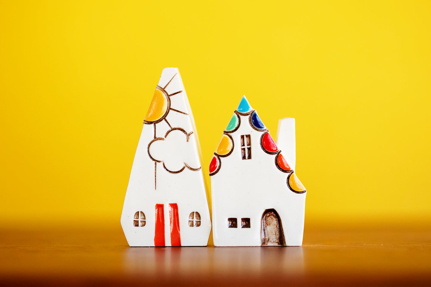 Rainbow Ceramic Village with Sunshine and Orange Doors