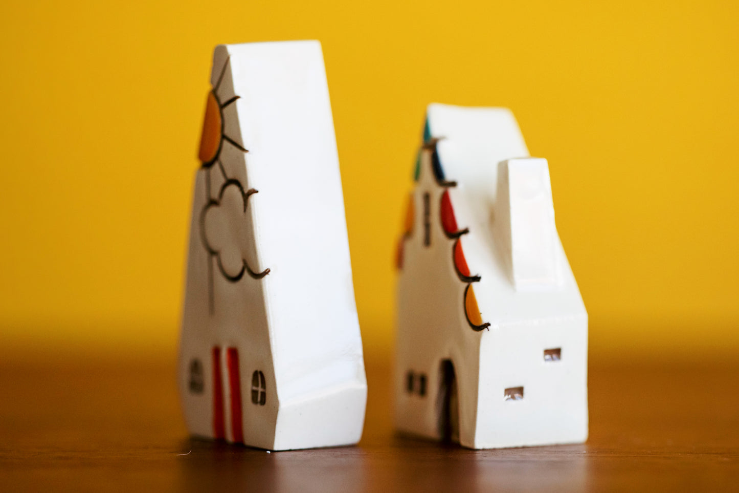 Rainbow Ceramic Village with Sunshine and Orange Doors