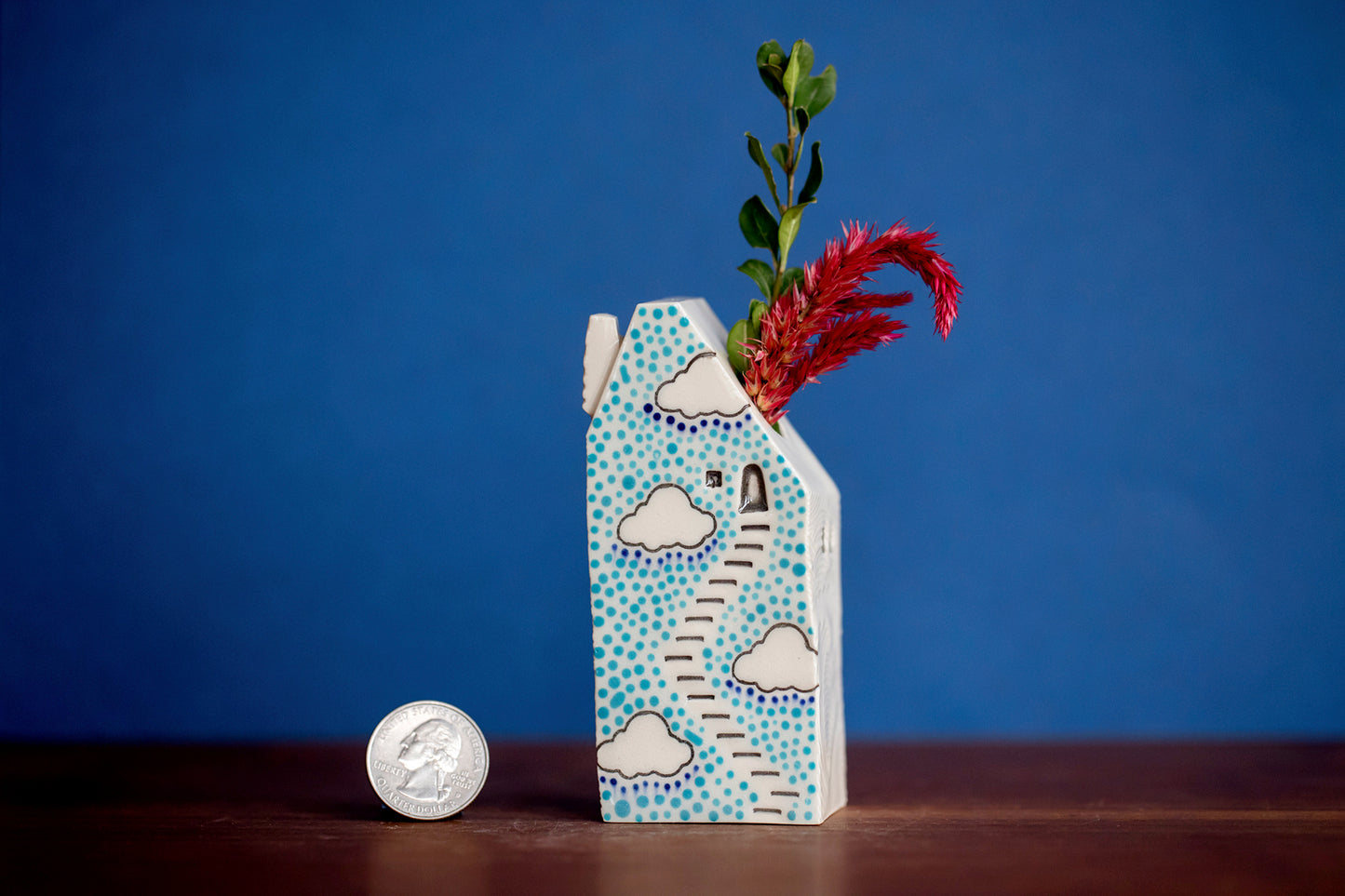 Bud Vase House with Blue Polka Dots and Clouds Whimsical Staircase and Cat