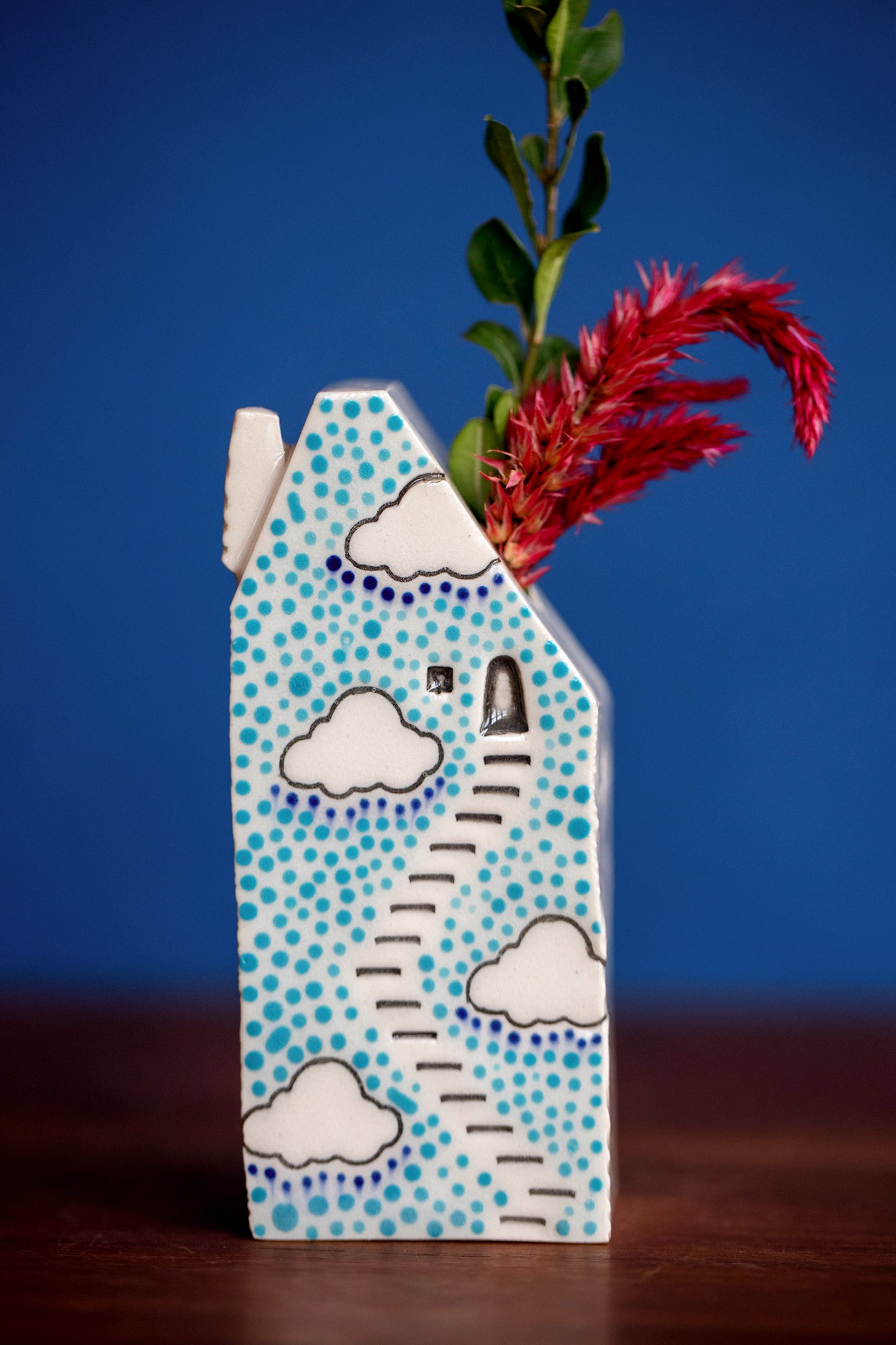 Bud Vase House with Blue Polka Dots and Clouds Whimsical Staircase and Cat