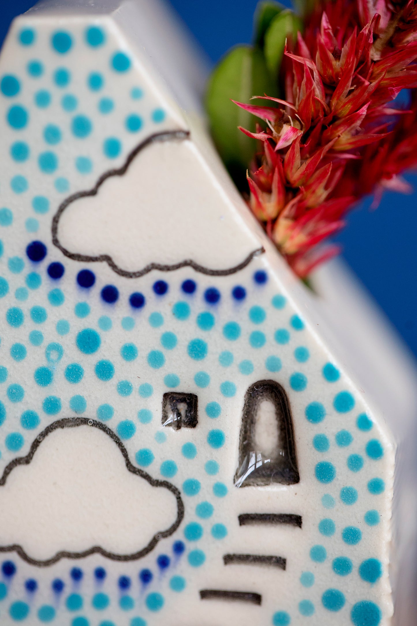 Bud Vase House with Blue Polka Dots and Clouds Whimsical Staircase and Cat