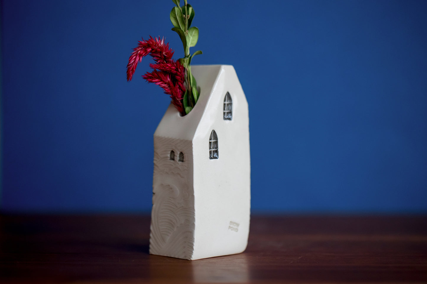 Bud Vase House with Blue Polka Dots and Clouds Whimsical Staircase and Cat