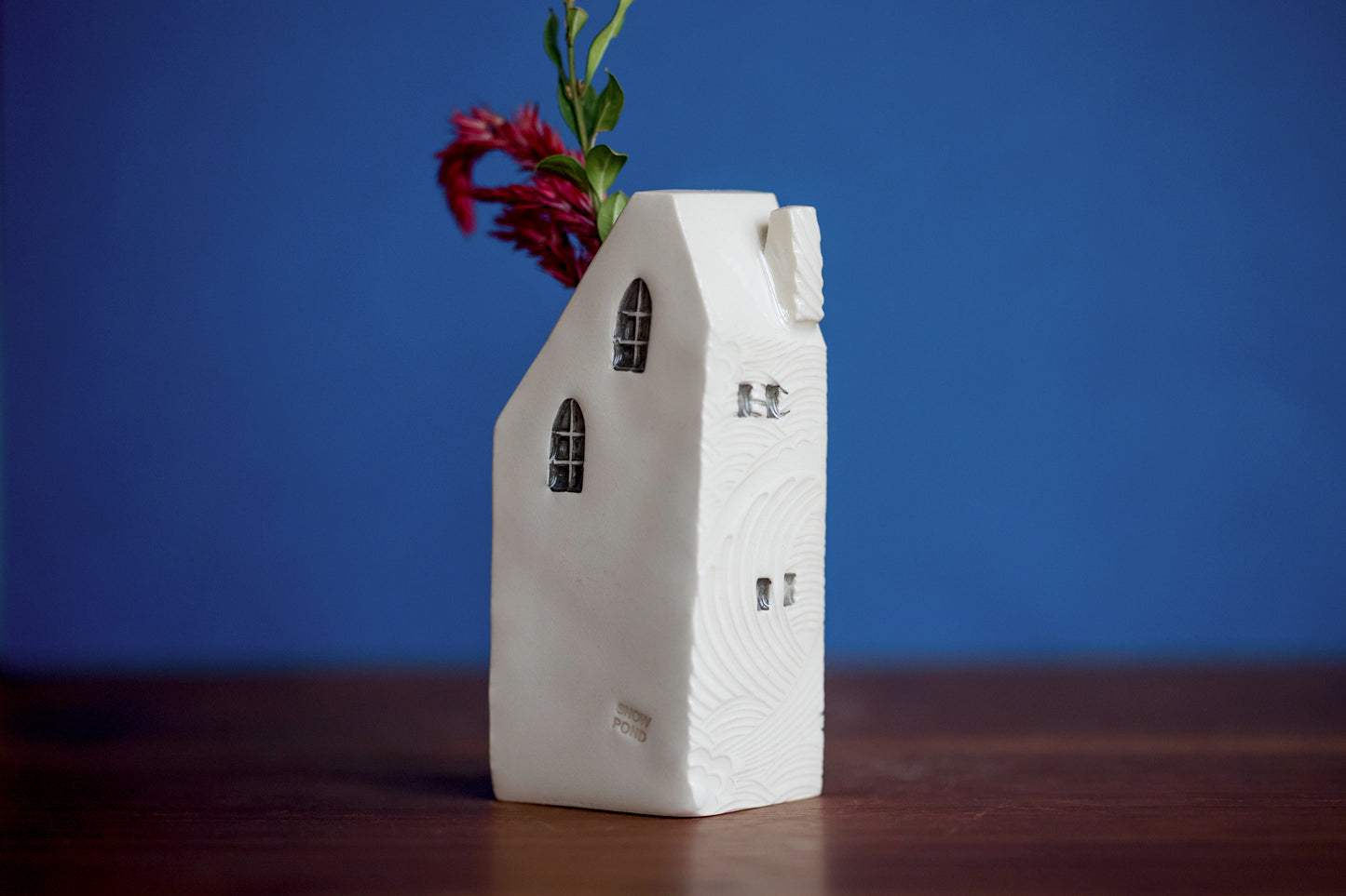 Bud Vase House with Blue Polka Dots and Clouds Whimsical Staircase and Cat