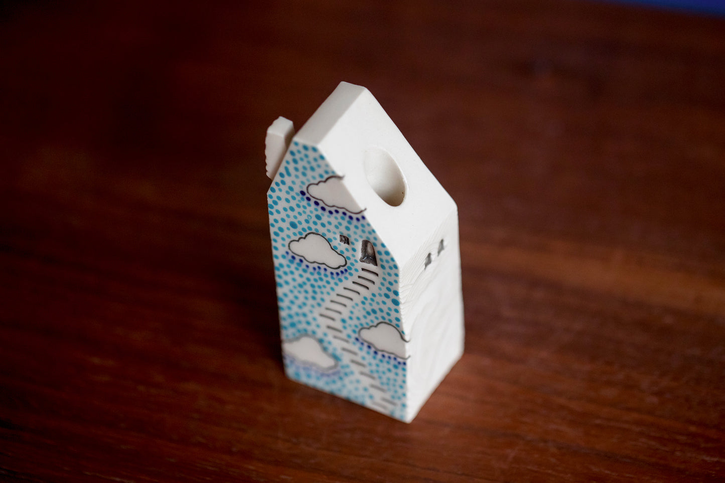 Bud Vase House with Blue Polka Dots and Clouds Whimsical Staircase and Cat