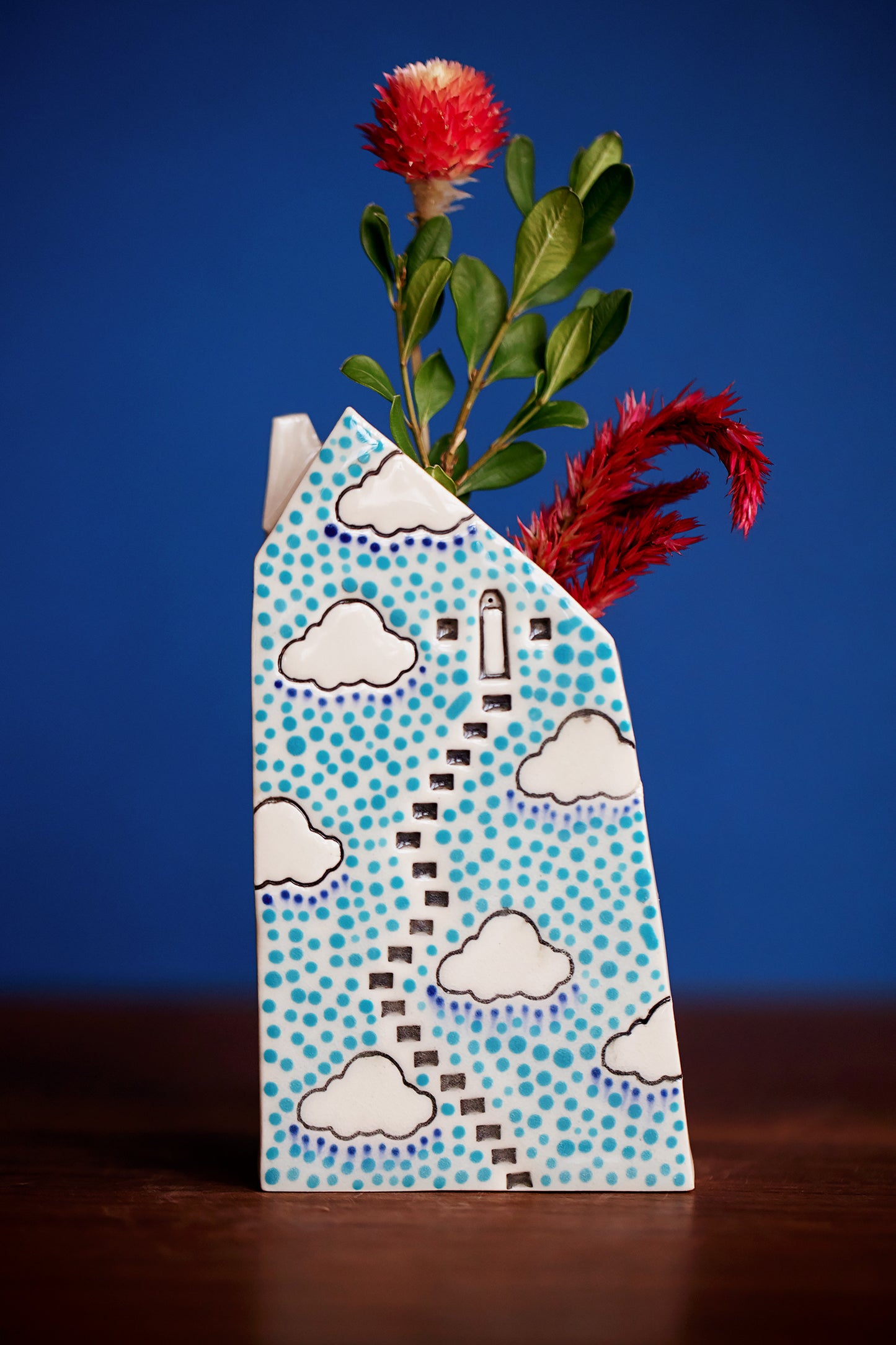 Blue Polka Dot Ceramic Bud Vase House with Clouds and Magical Staircase