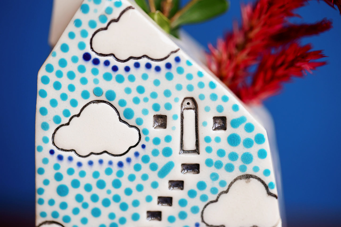 Blue Polka Dot Ceramic Bud Vase House with Clouds and Magical Staircase
