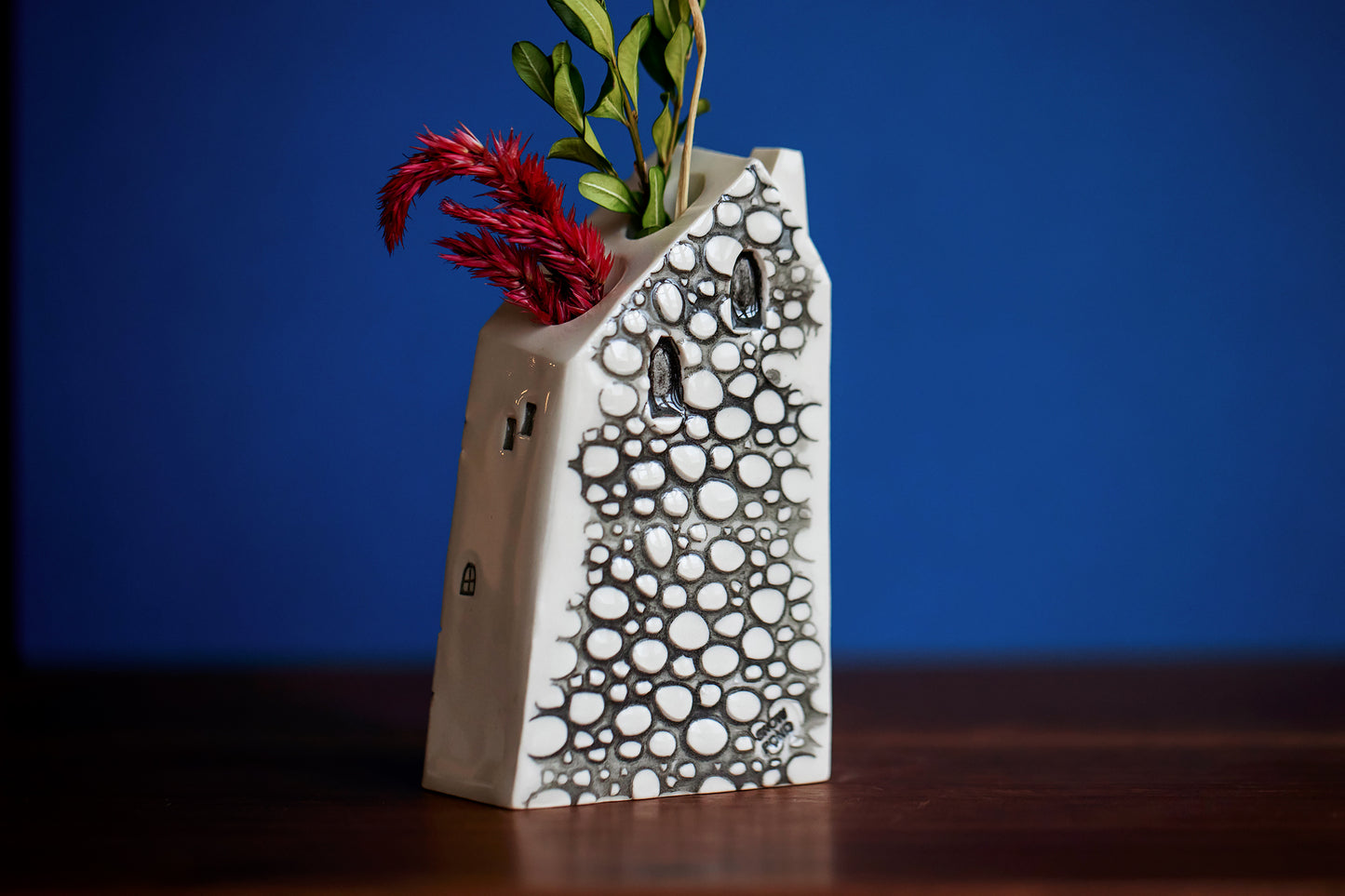 Blue Polka Dot Ceramic Bud Vase House with Clouds and Magical Staircase