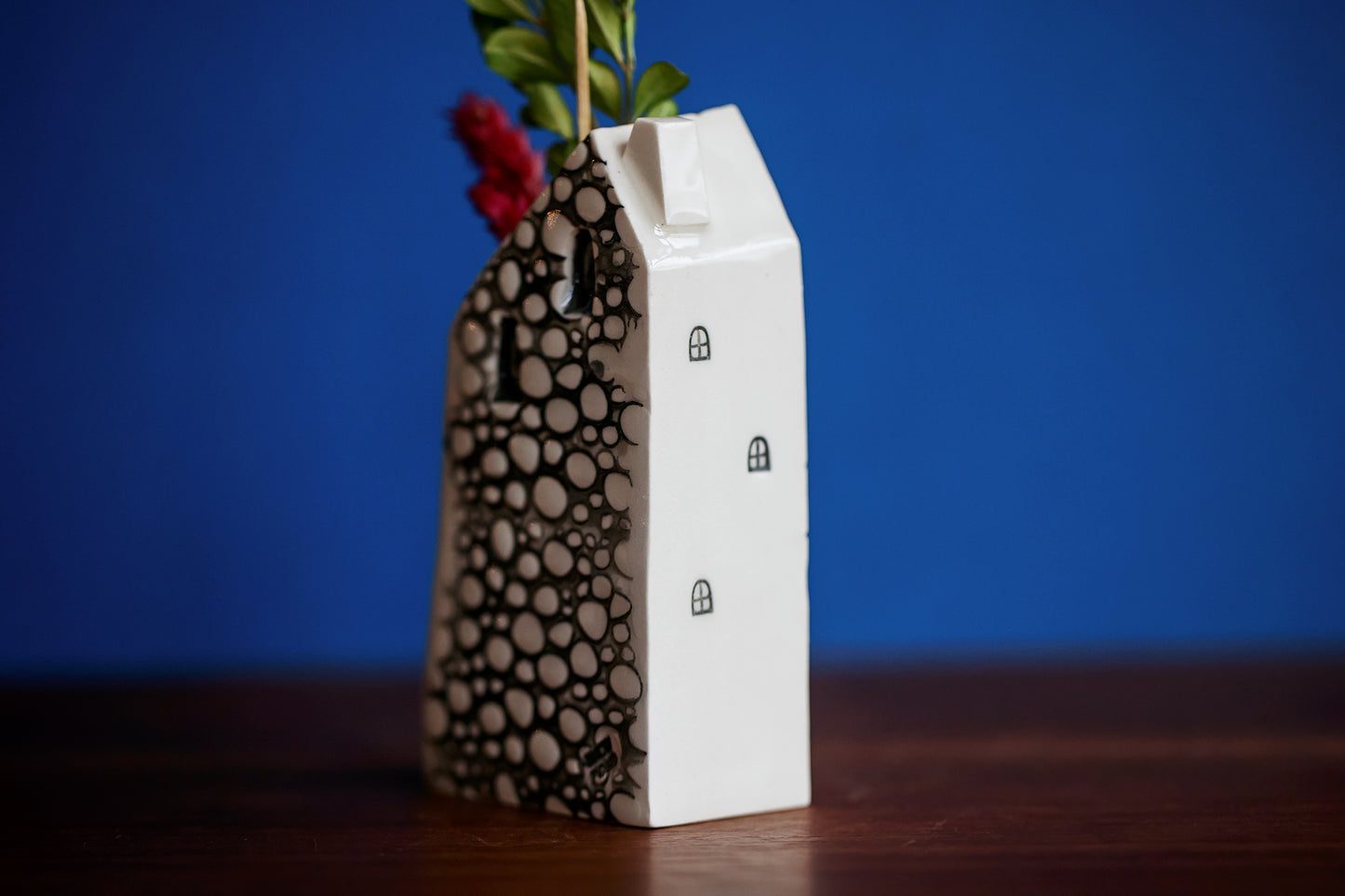 Blue Polka Dot Ceramic Bud Vase House with Clouds and Magical Staircase