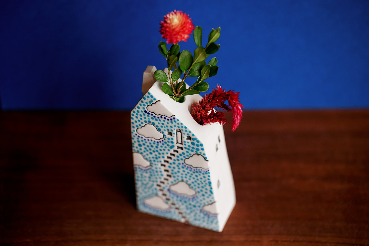 Blue Polka Dot Ceramic Bud Vase House with Clouds and Magical Staircase