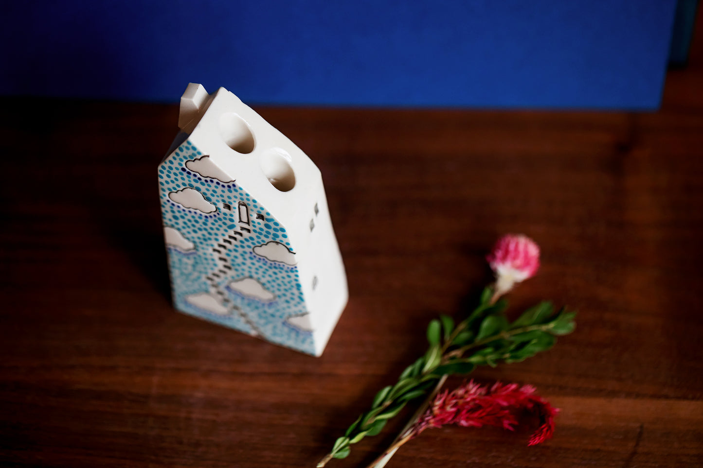 Blue Polka Dot Ceramic Bud Vase House with Clouds and Magical Staircase