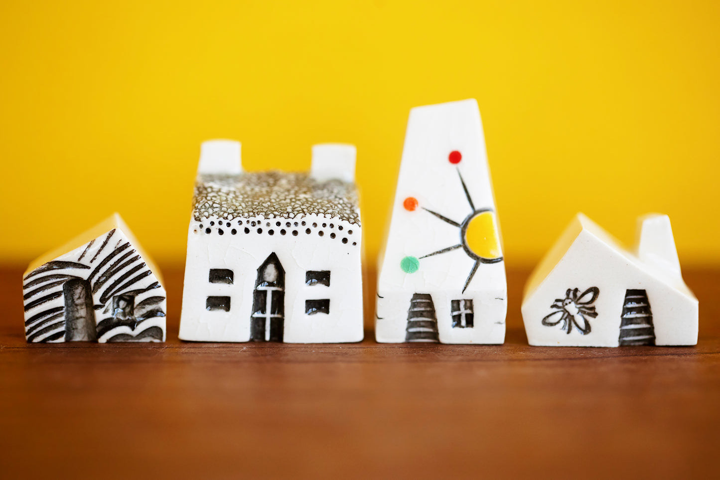 Bright Happy Ceramic Village with Cat and Sunshine