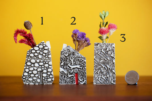 Ceramic House Bud Vase with Woodland or Dancer Pattern