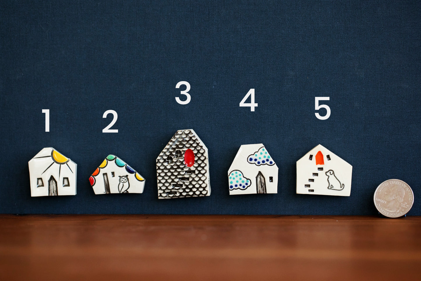 Miniature Ceramic House Magnets with Sunshine, Rainbows, Dog and Owl