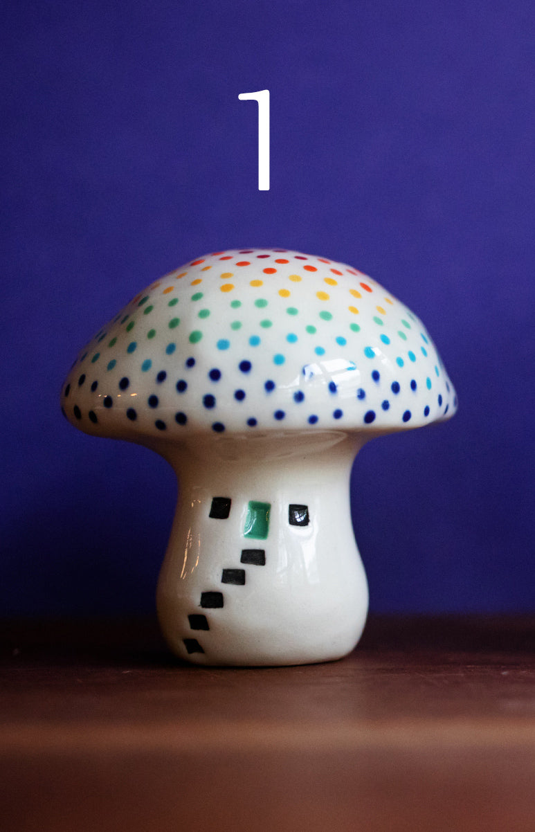 Ceramic Mushroom Houses with Rainbow Dots and Cat