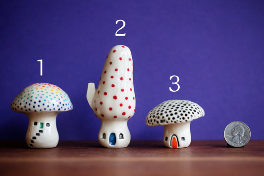 Ceramic Mushroom Houses with Rainbow Dots and Cat