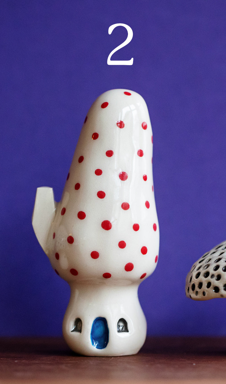 Ceramic Mushroom Houses with Rainbow Dots and Cat