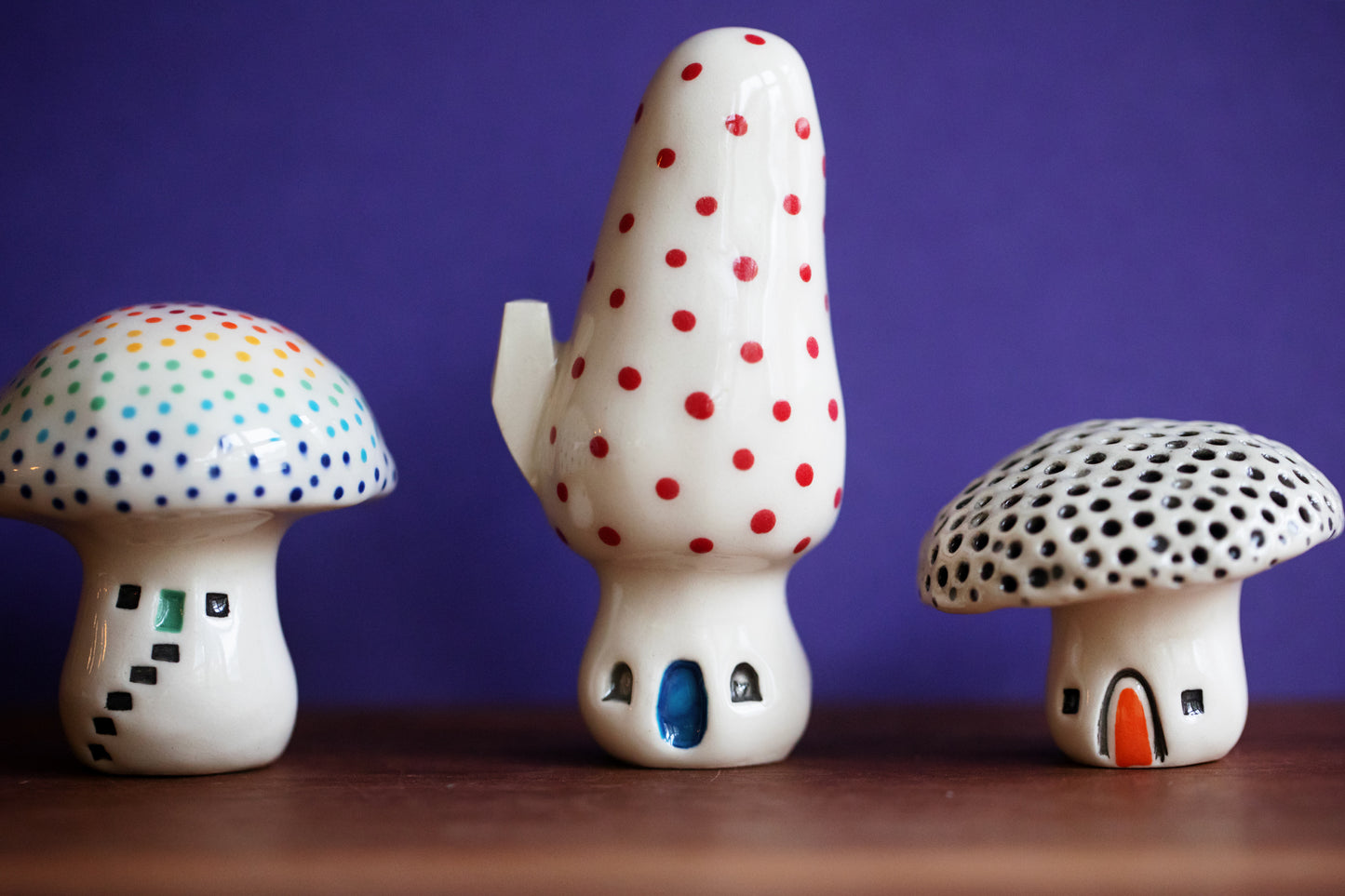 Ceramic Mushroom Houses with Rainbow Dots and Cat