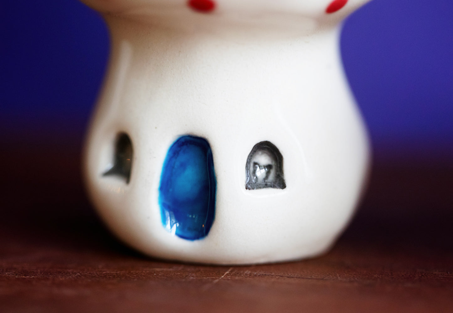 Ceramic Mushroom Houses with Rainbow Dots and Cat
