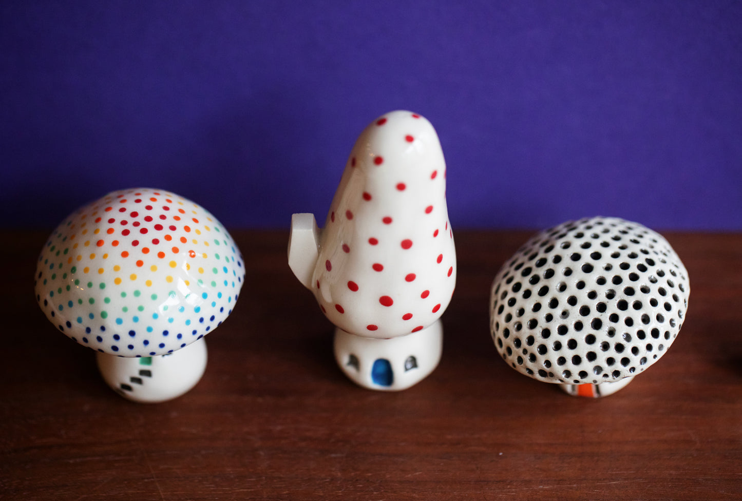 Ceramic Mushroom Houses with Rainbow Dots and Cat
