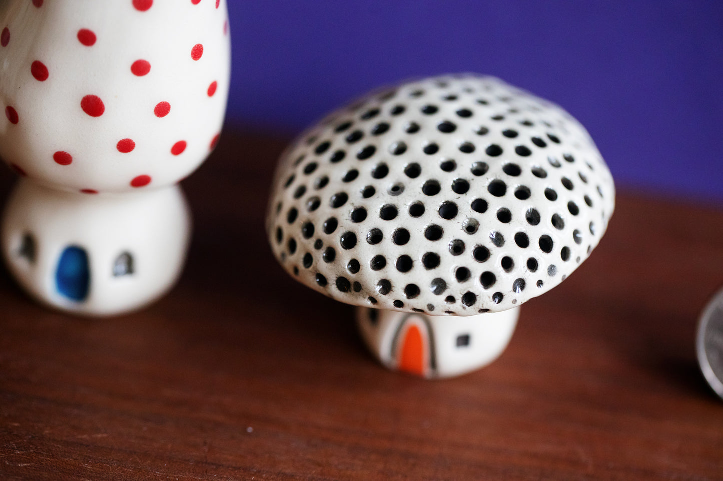 Ceramic Mushroom Houses with Rainbow Dots and Cat