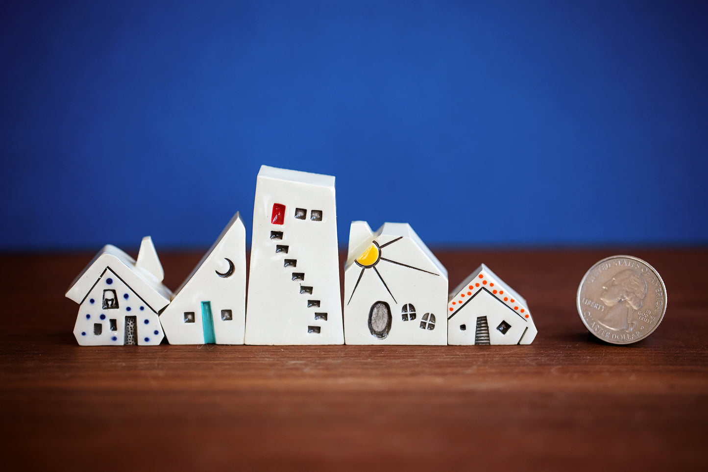 Curious Rainbow Tiny Ceramic Village with Cat and Polka Dots