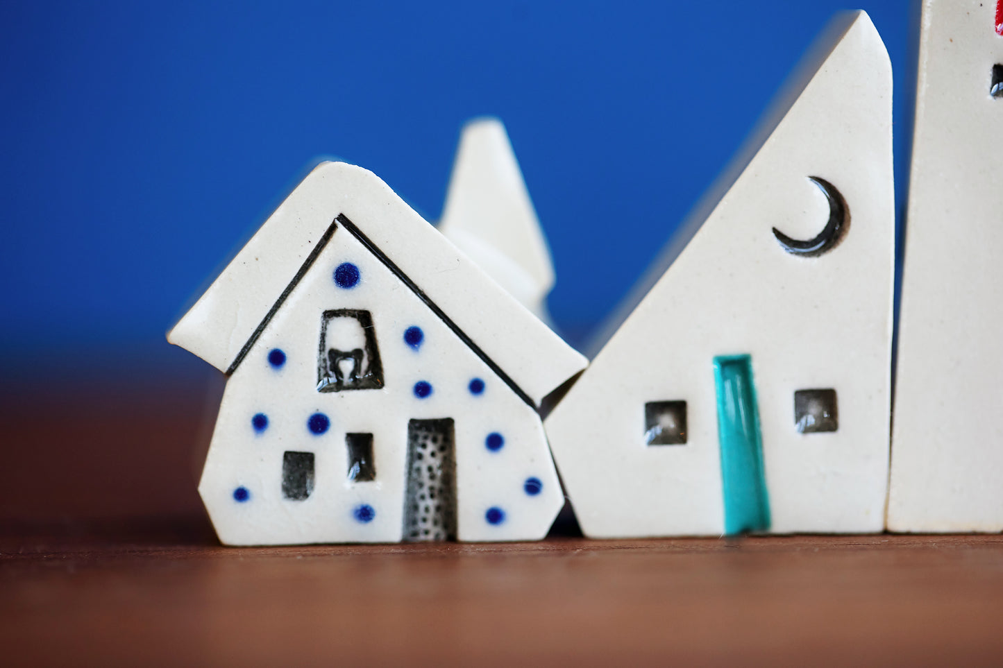 Curious Rainbow Tiny Ceramic Village with Cat and Polka Dots