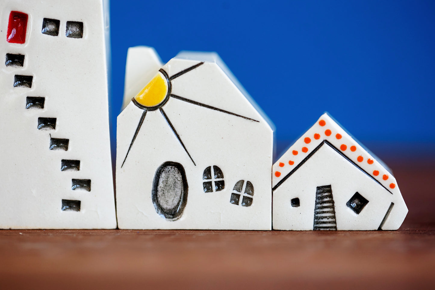 Curious Rainbow Tiny Ceramic Village with Cat and Polka Dots