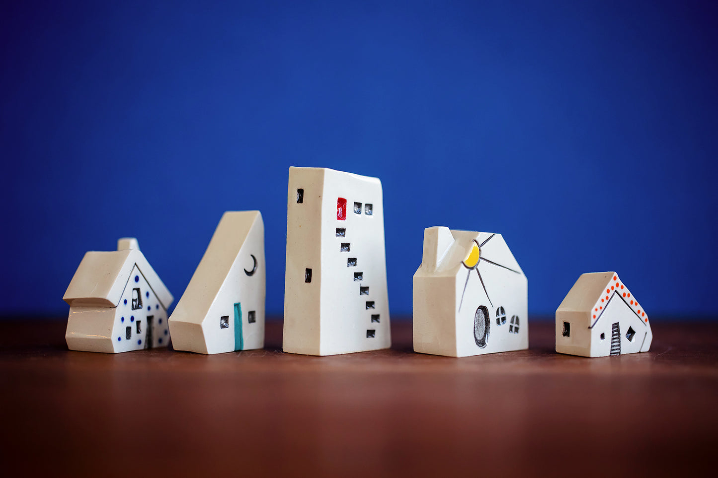 Curious Rainbow Tiny Ceramic Village with Cat and Polka Dots