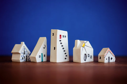Curious Rainbow Tiny Ceramic Village with Cat and Polka Dots