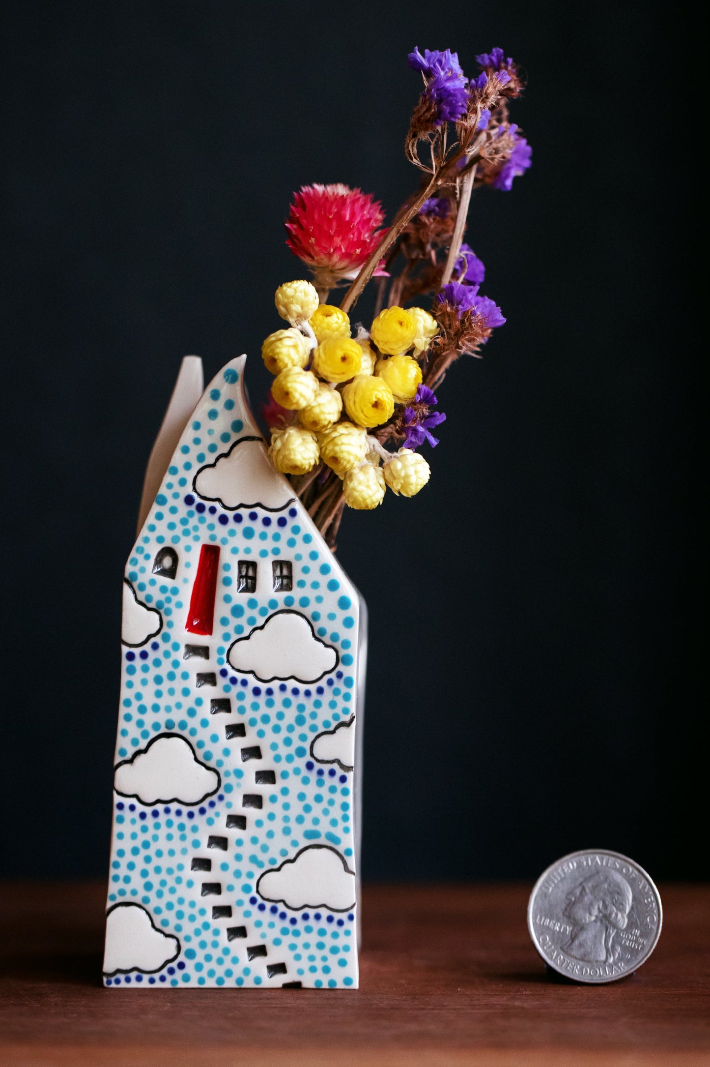 Polka Dot Cloud Bud Vase with Red Door and Blue Dots