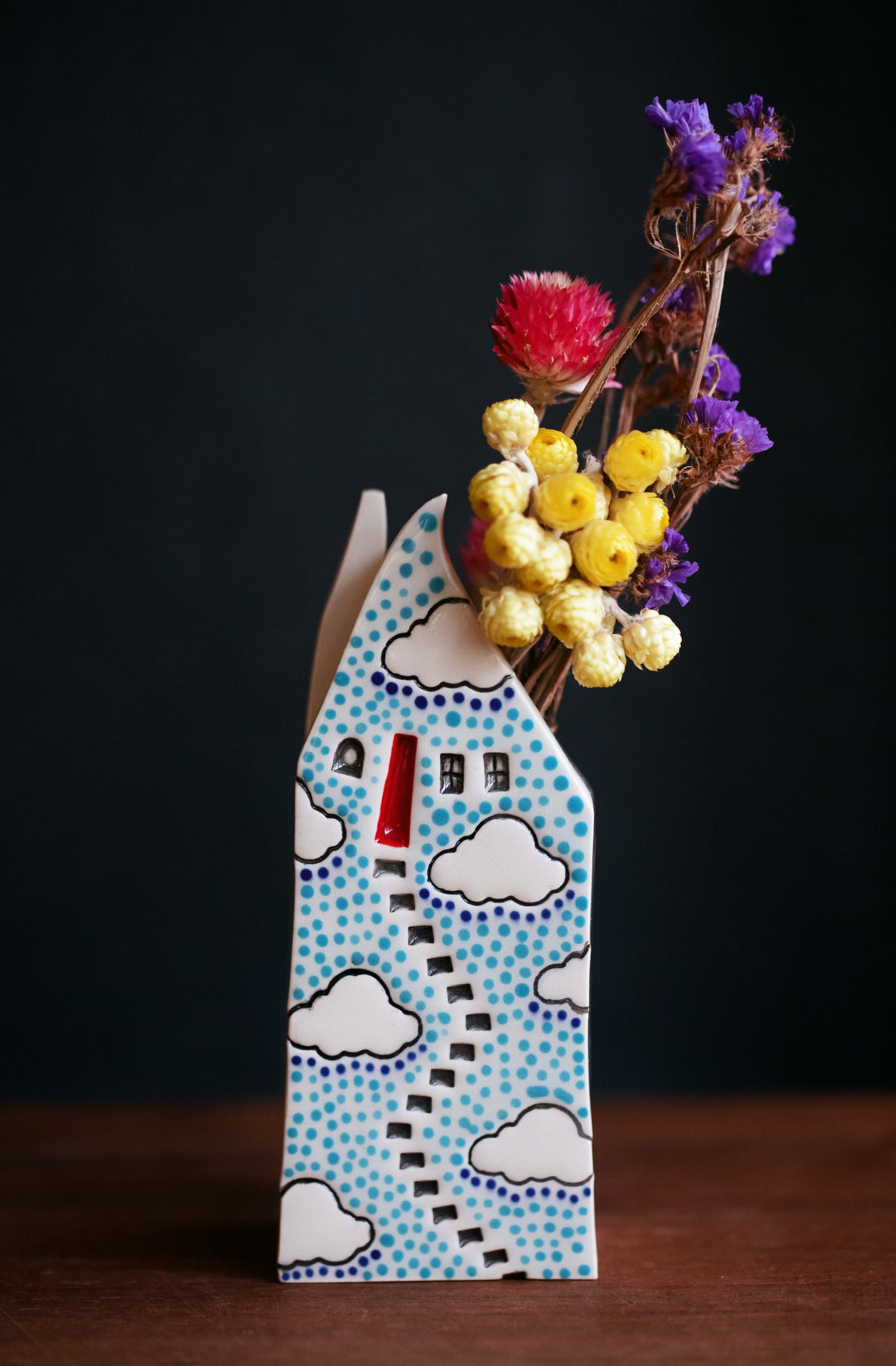 Polka Dot Cloud Bud Vase with Red Door and Blue Dots