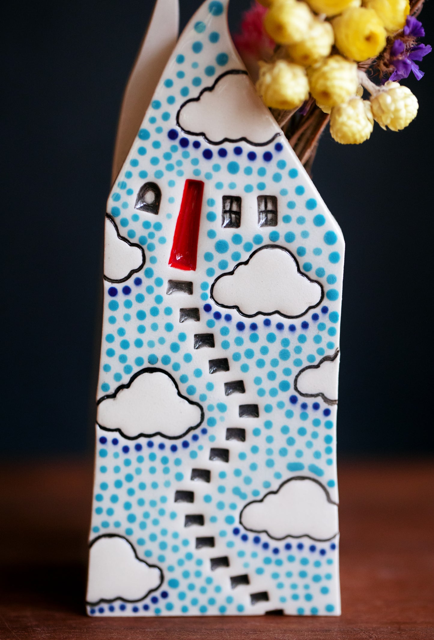 Polka Dot Cloud Bud Vase with Red Door and Blue Dots