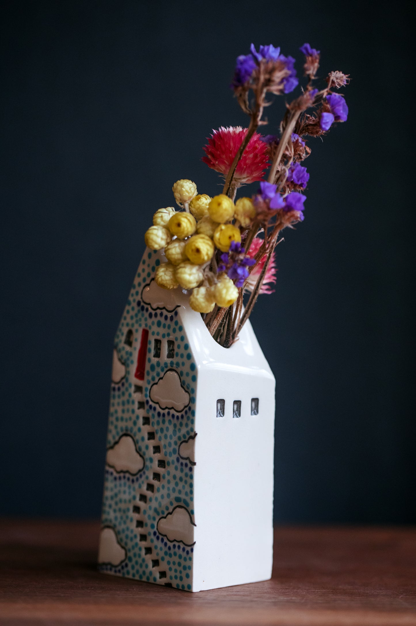 Polka Dot Cloud Bud Vase with Red Door and Blue Dots