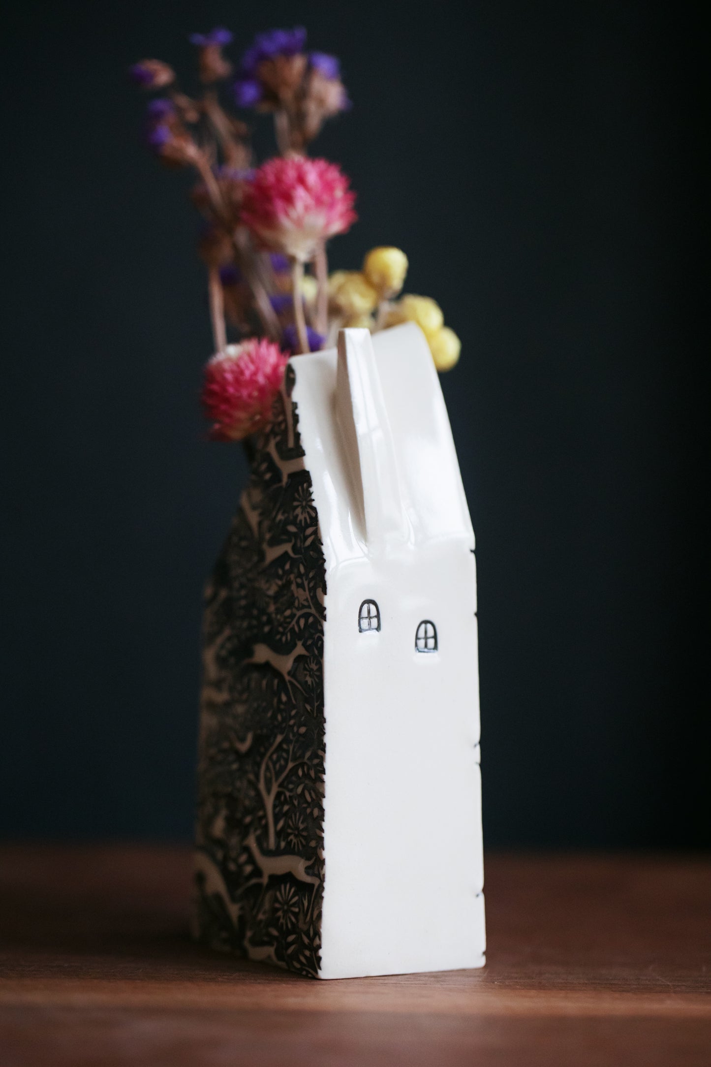 Polka Dot Cloud Bud Vase with Red Door and Blue Dots