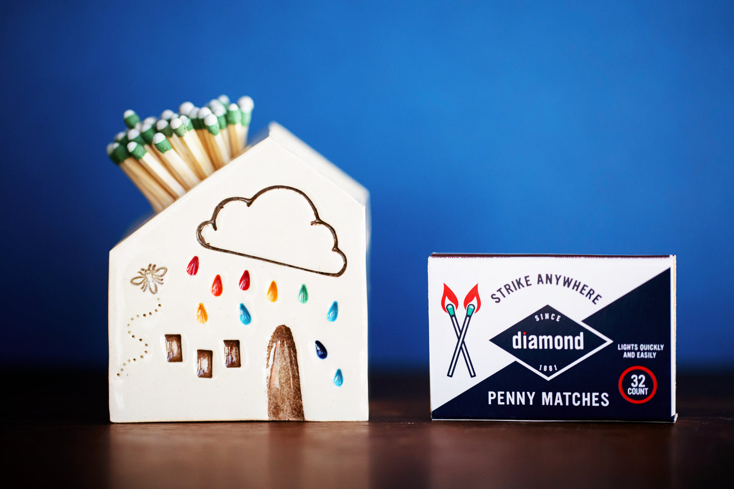 Ceramic Cloud Match Striker with Honey Bee and Rainbow Raindrops