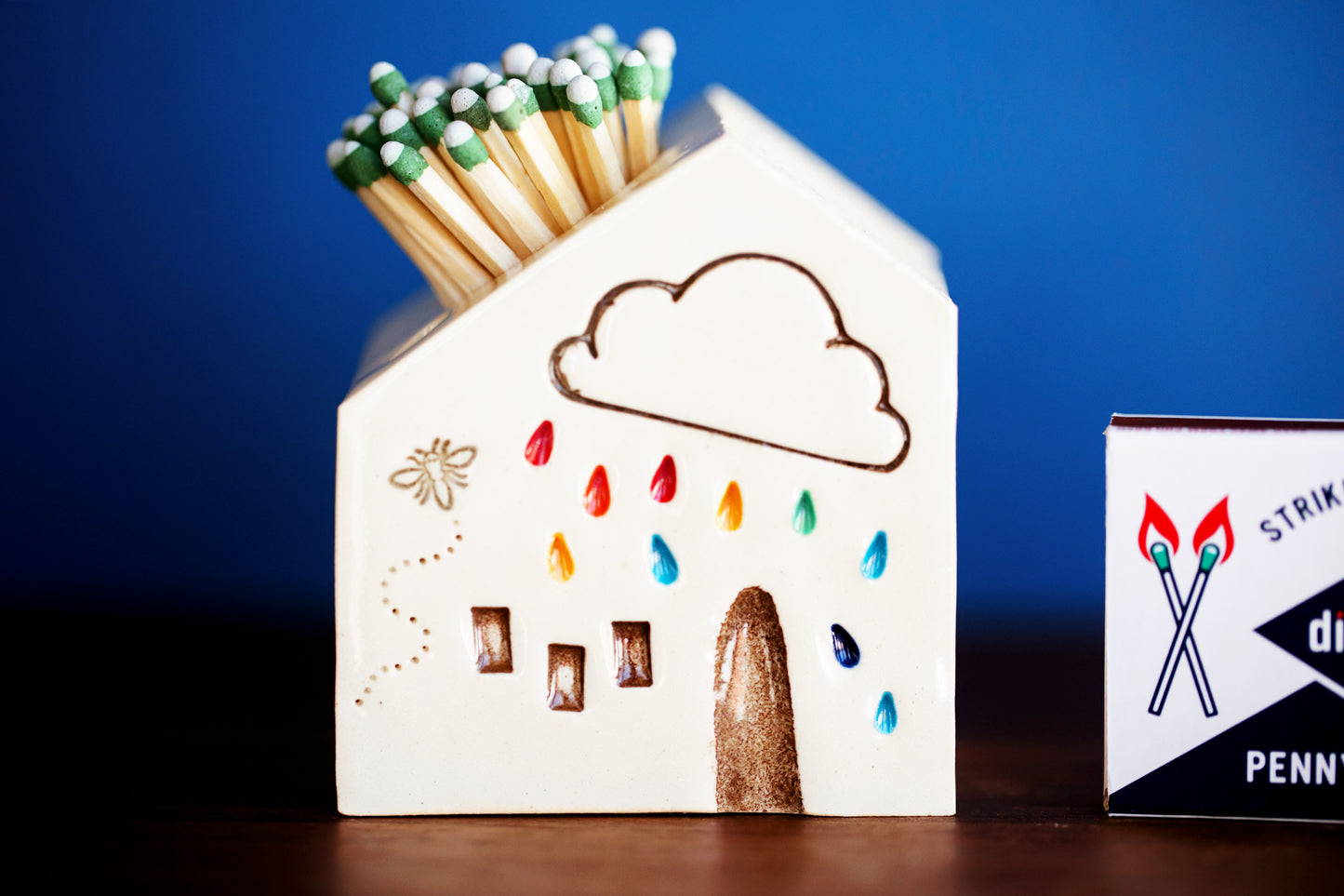 Ceramic Cloud Match Striker with Honey Bee and Rainbow Raindrops