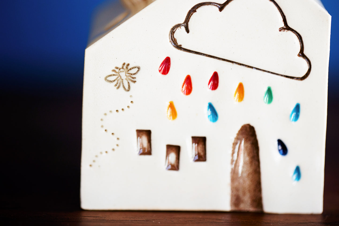 Ceramic Cloud Match Striker with Honey Bee and Rainbow Raindrops