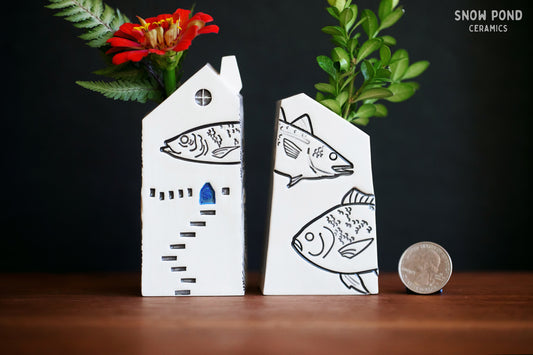 Fish Stamped Ceramic Bud Vases - Whimsical Home Decor