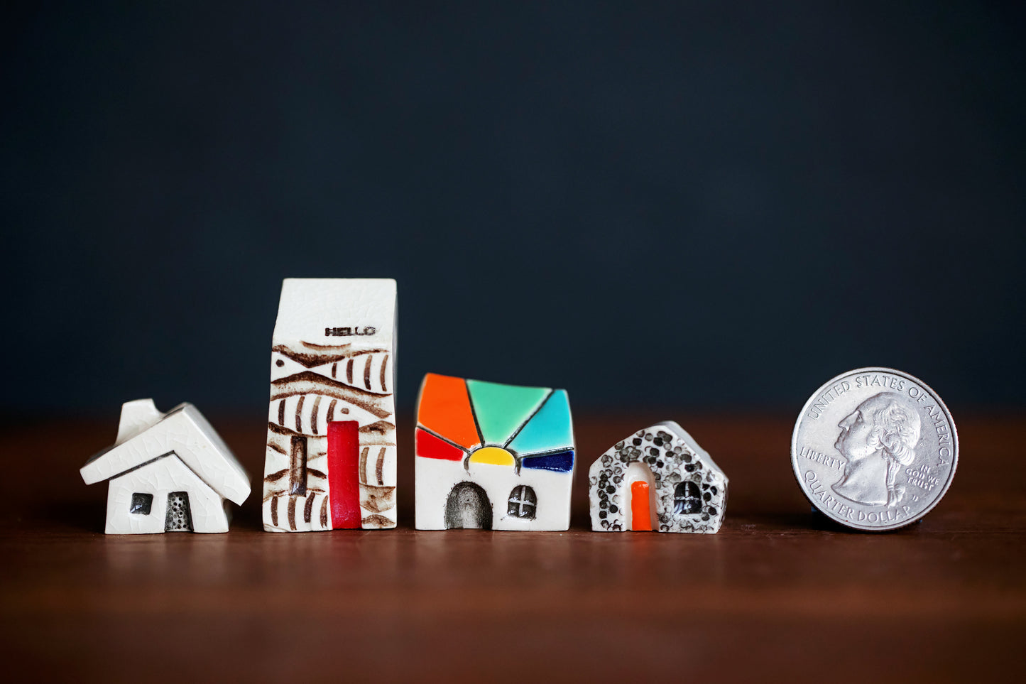 Tiny Ceramic Rainbow Village of Miniature Houses - Sunshine and Fish