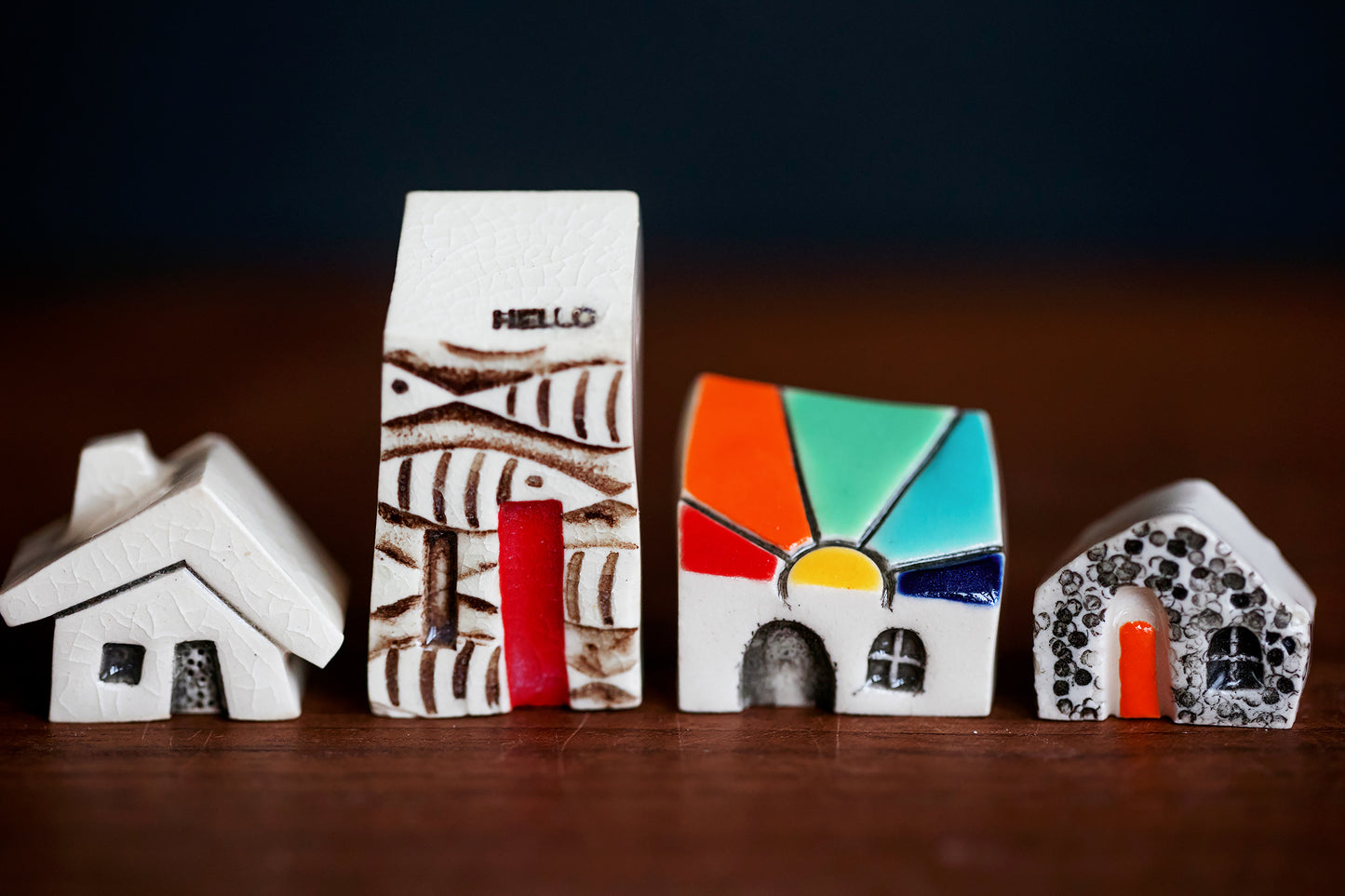 Tiny Ceramic Rainbow Village of Miniature Houses - Sunshine and Fish