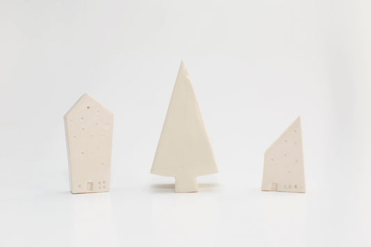 Modern White Holiday Decor - Ceramic Tree and Houses - Minimalist Holiday Gift