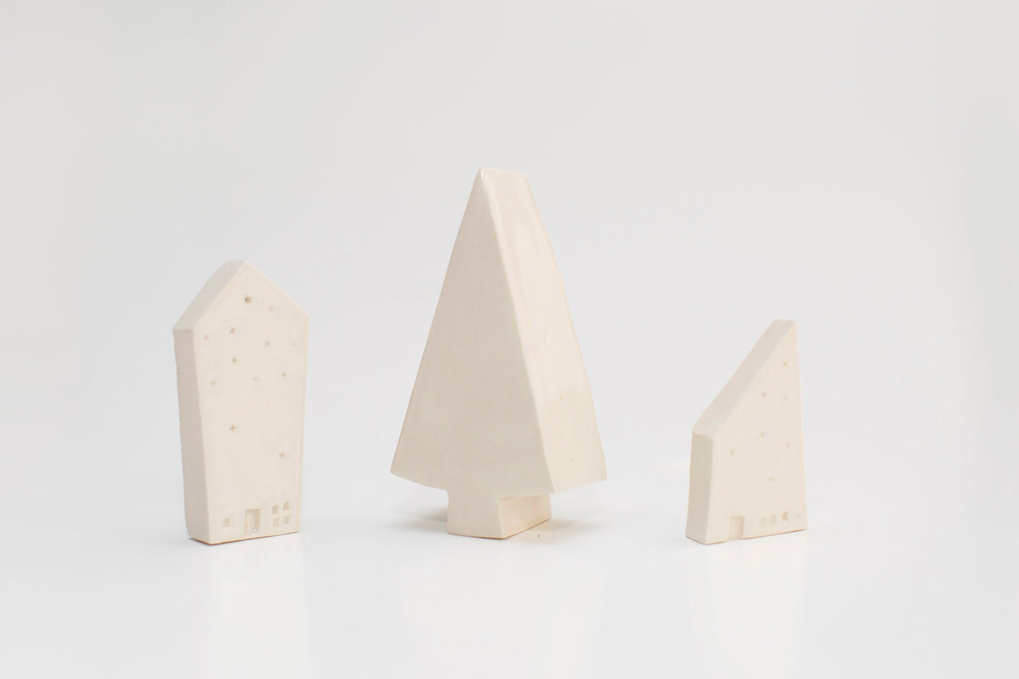 Modern White Holiday Decor - Ceramic Tree and Houses - Minimalist Holiday Gift