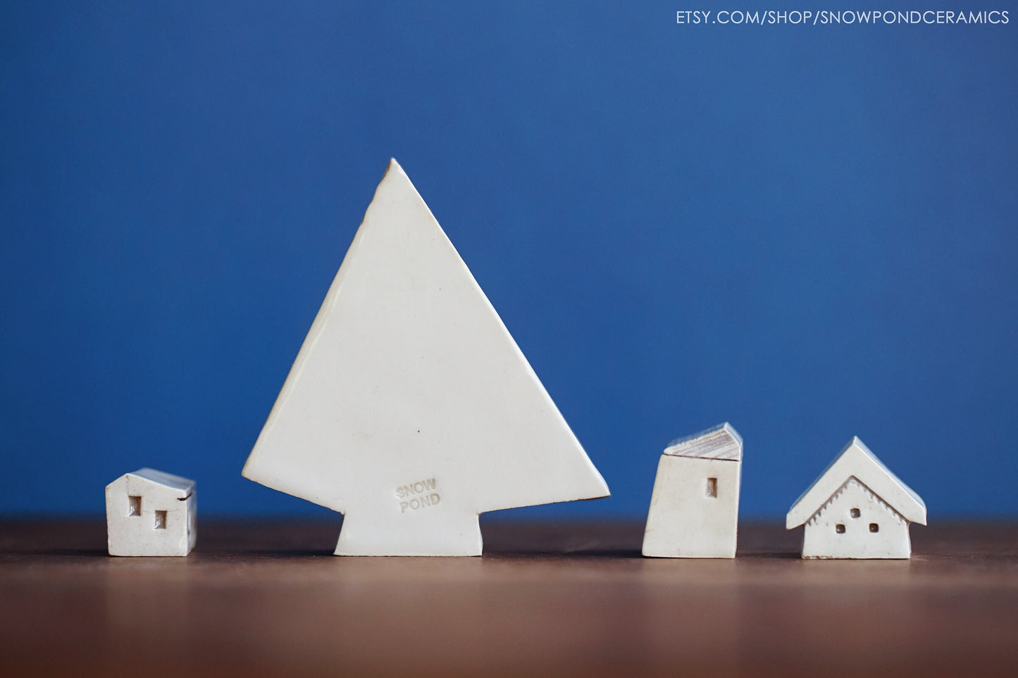 Minimalist Holiday Ceramic Village - Tiny Ceramic Houses and Rainbow Christmas Tree