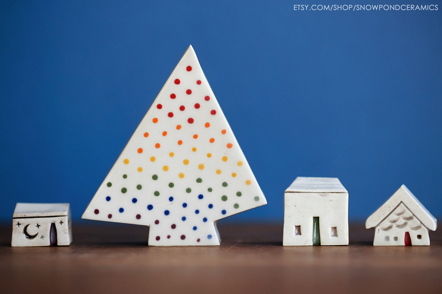 Minimalist Holiday Ceramic Village - Tiny Ceramic Houses and Rainbow Christmas Tree