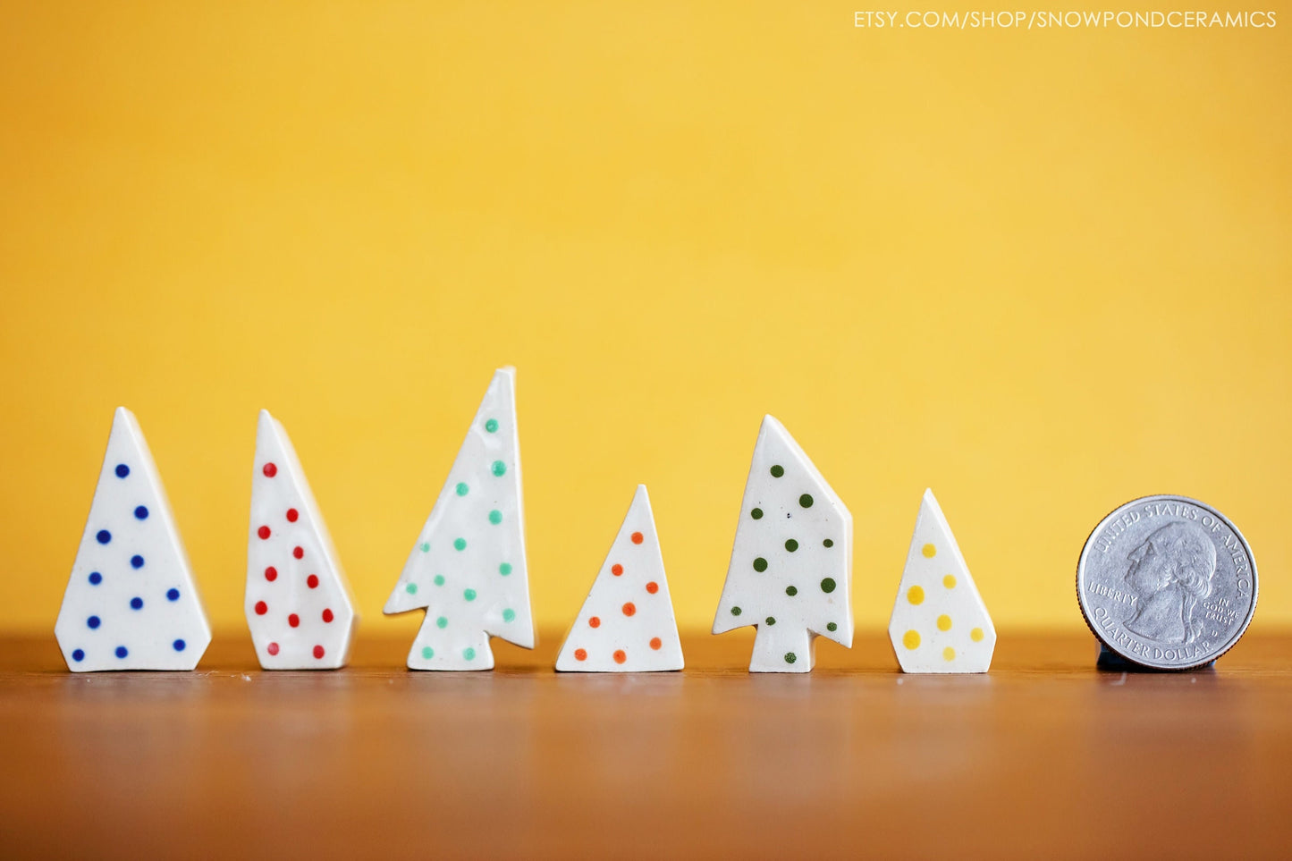 Miniature White Ceramic Holiday Christmas Trees with Rainbow Colorful Dots