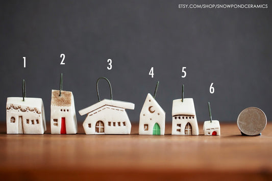 Tiny Ceramic Hanging House Christmas Ornaments - Unique Holiday or Birthday Gift