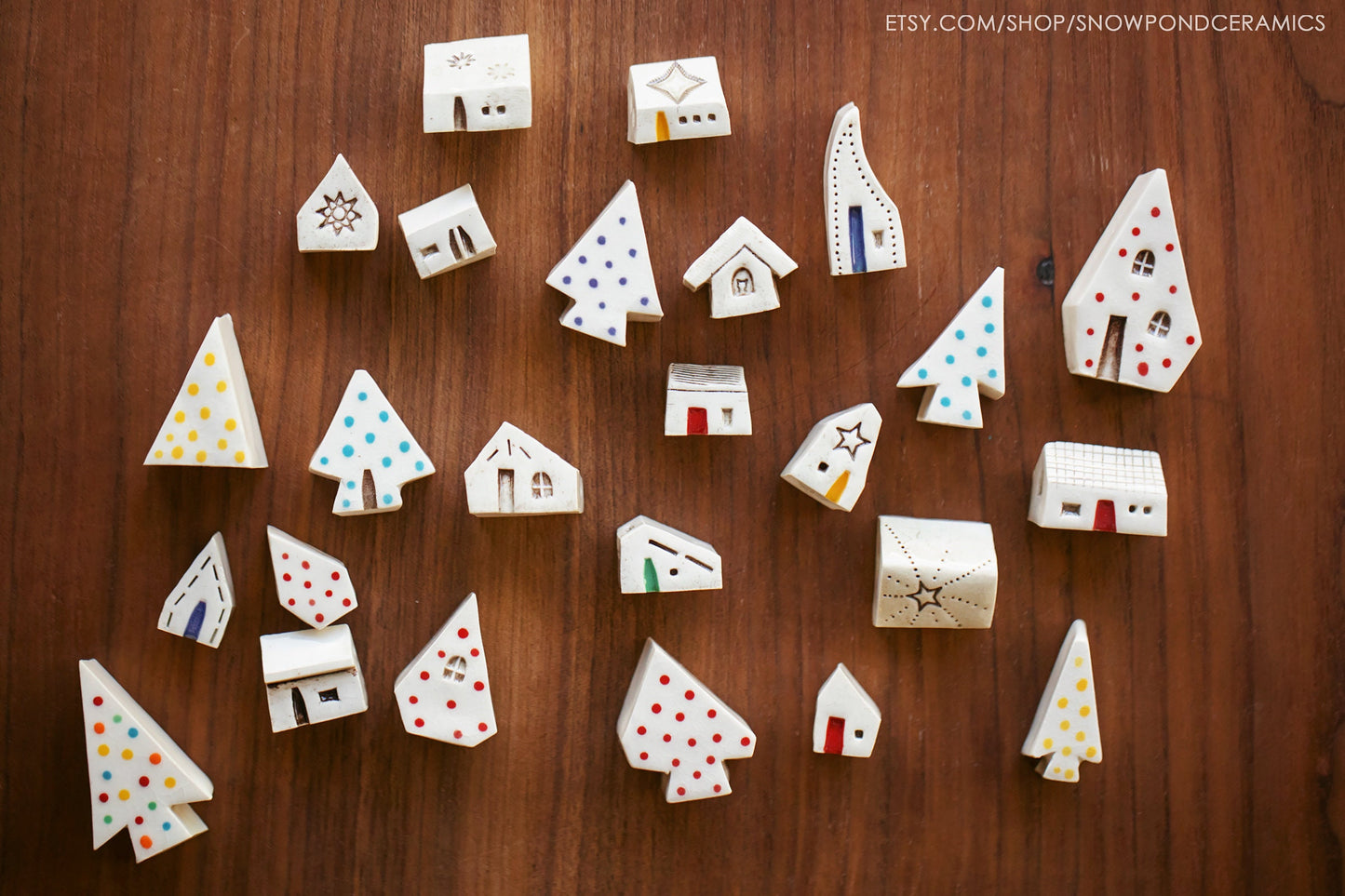 Set of 25 Tiny Ceramic Trees and Houses for Advent Calendar / Miniature Holiday Village