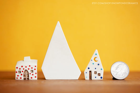 Tiny Ceramic Holiday Village with Tree Card Holder - Rainbow Polka Dot Minimalist Holiday Decor