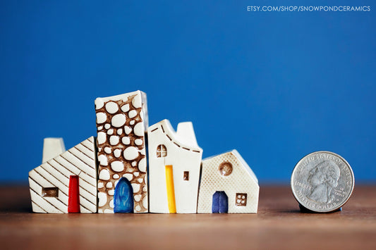 Small Whimsical Ceramic Houses - Old World Village with Cobblestone Miniature Bungalow